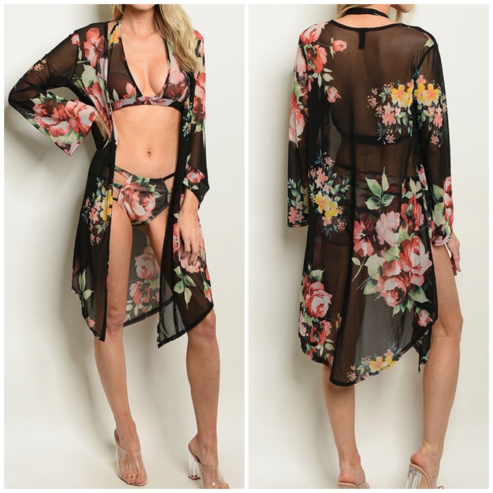 ☀️FLIRTY BLACK FLORAL KIMONO SET